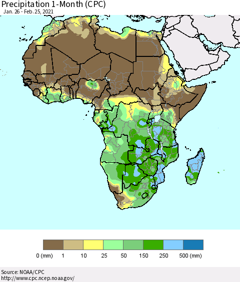 Africa Precipitation 1-Month (CPC) Thematic Map For 1/26/2021 - 2/25/2021