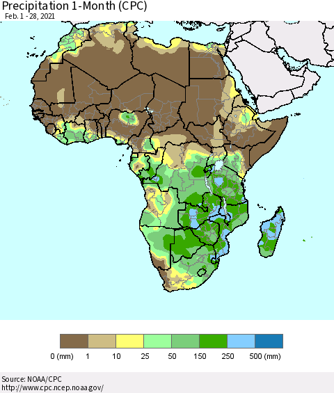 Africa Precipitation 1-Month (CPC) Thematic Map For 2/1/2021 - 2/28/2021