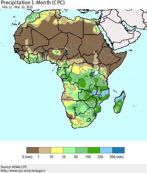 Africa Precipitation 1-Month (CPC) Thematic Map For 2/11/2021 - 3/10/2021
