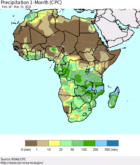 Africa Precipitation 1-Month (CPC) Thematic Map For 2/16/2021 - 3/15/2021