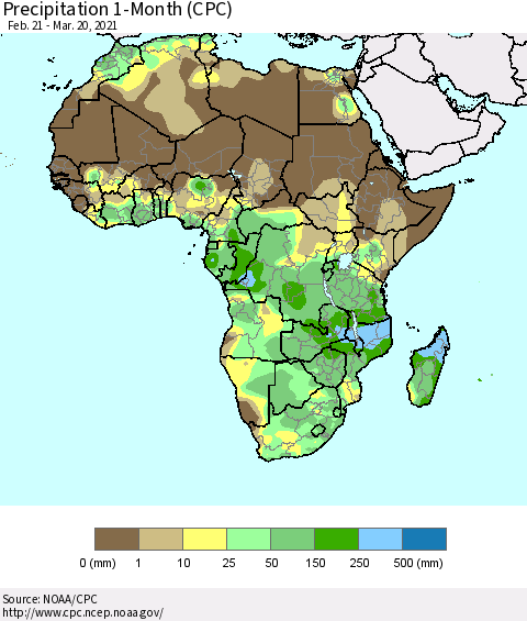 Africa Precipitation 1-Month (CPC) Thematic Map For 2/21/2021 - 3/20/2021