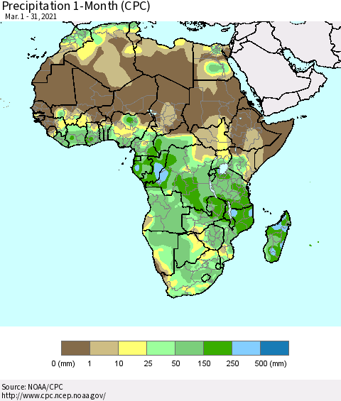 Africa Precipitation 1-Month (CPC) Thematic Map For 3/1/2021 - 3/31/2021