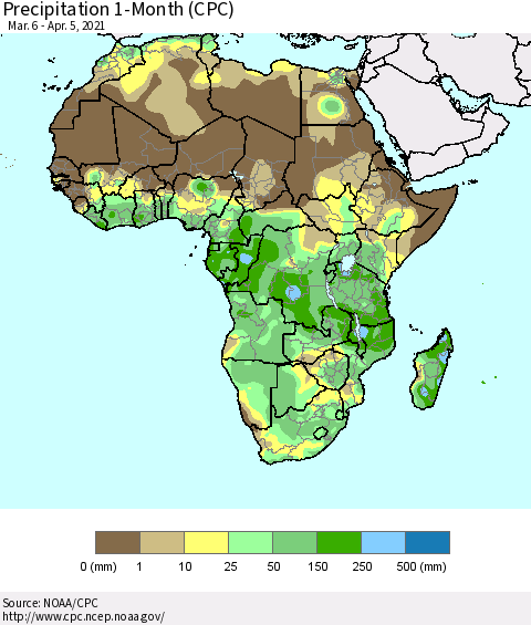 Africa Precipitation 1-Month (CPC) Thematic Map For 3/6/2021 - 4/5/2021