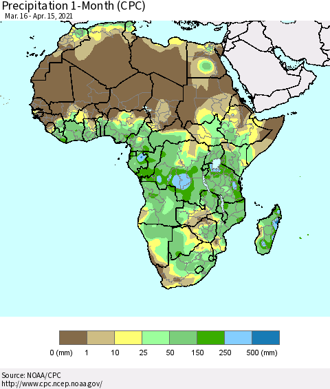 Africa Precipitation 1-Month (CPC) Thematic Map For 3/16/2021 - 4/15/2021