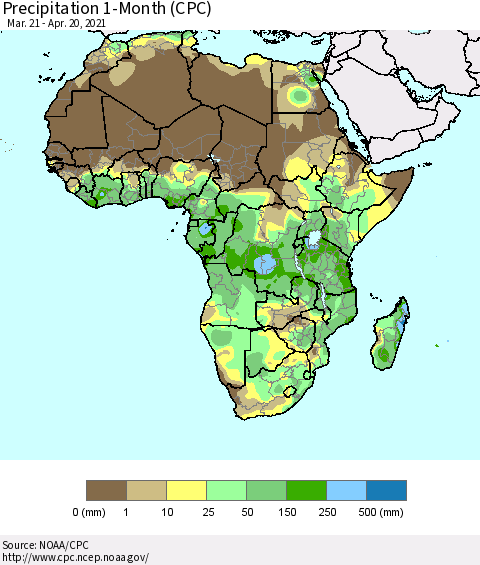 Africa Precipitation 1-Month (CPC) Thematic Map For 3/21/2021 - 4/20/2021