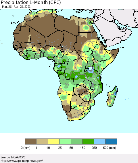 Africa Precipitation 1-Month (CPC) Thematic Map For 3/26/2021 - 4/25/2021