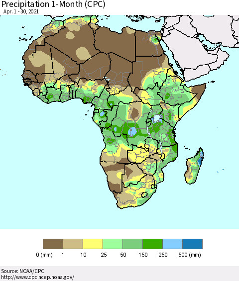 Africa Precipitation 1-Month (CPC) Thematic Map For 4/1/2021 - 4/30/2021
