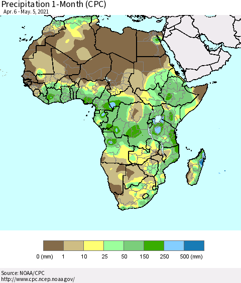 Africa Precipitation 1-Month (CPC) Thematic Map For 4/6/2021 - 5/5/2021