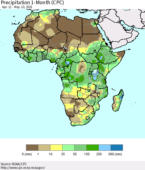 Africa Precipitation 1-Month (CPC) Thematic Map For 4/11/2021 - 5/10/2021