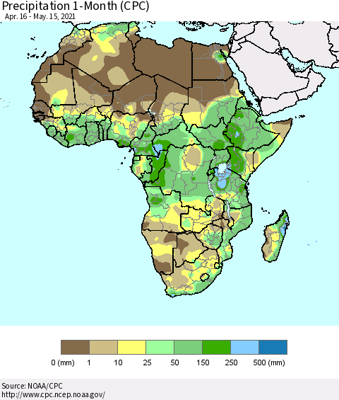 Africa Precipitation 1-Month (CPC) Thematic Map For 4/16/2021 - 5/15/2021