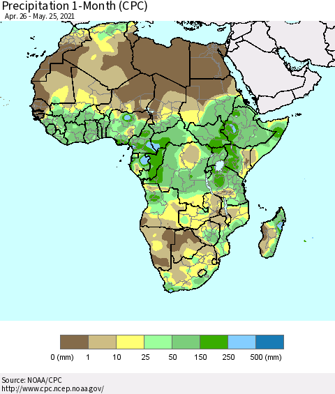 Africa Precipitation 1-Month (CPC) Thematic Map For 4/26/2021 - 5/25/2021