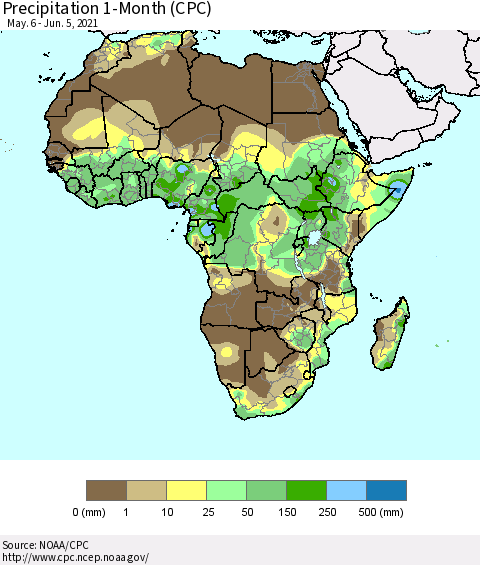 Africa Precipitation 1-Month (CPC) Thematic Map For 5/6/2021 - 6/5/2021