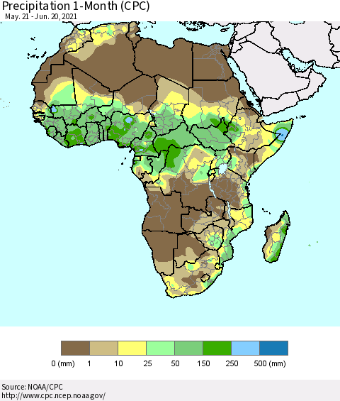 Africa Precipitation 1-Month (CPC) Thematic Map For 5/21/2021 - 6/20/2021