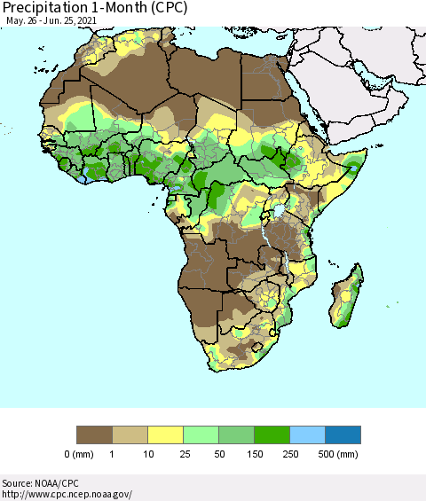 Africa Precipitation 1-Month (CPC) Thematic Map For 5/26/2021 - 6/25/2021