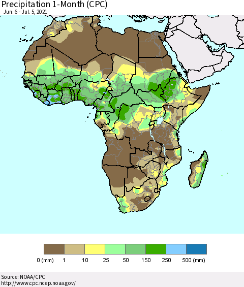 Africa Precipitation 1-Month (CPC) Thematic Map For 6/6/2021 - 7/5/2021