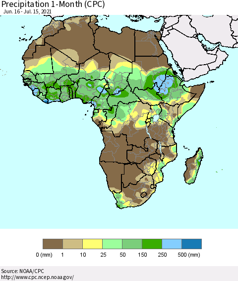 Africa Precipitation 1-Month (CPC) Thematic Map For 6/16/2021 - 7/15/2021
