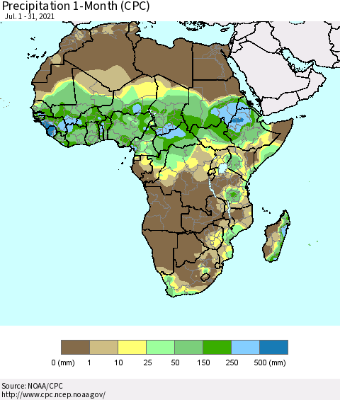 Africa Precipitation 1-Month (CPC) Thematic Map For 7/1/2021 - 7/31/2021