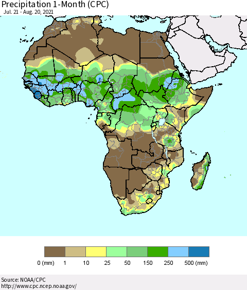 Africa Precipitation 1-Month (CPC) Thematic Map For 7/21/2021 - 8/20/2021