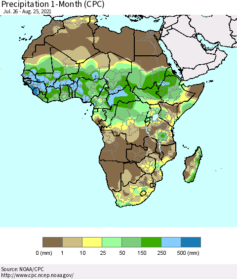 Africa Precipitation 1-Month (CPC) Thematic Map For 7/26/2021 - 8/25/2021