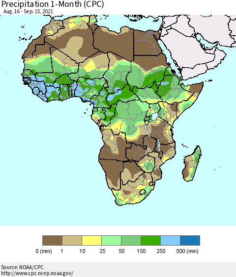 Africa Precipitation 1-Month (CPC) Thematic Map For 8/16/2021 - 9/15/2021
