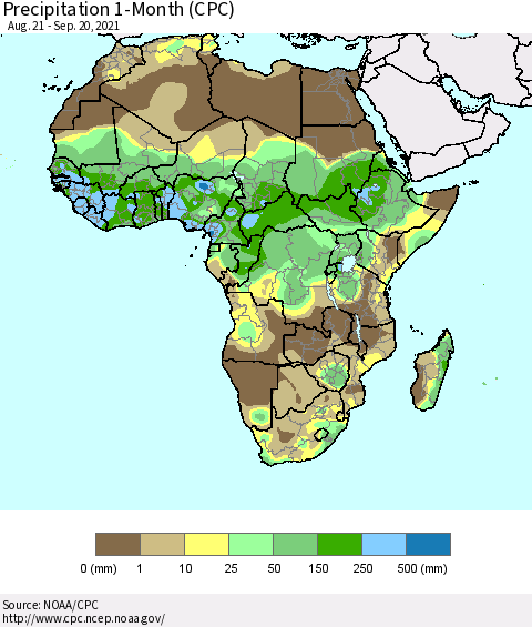 Africa Precipitation 1-Month (CPC) Thematic Map For 8/21/2021 - 9/20/2021