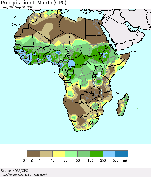 Africa Precipitation 1-Month (CPC) Thematic Map For 8/26/2021 - 9/25/2021