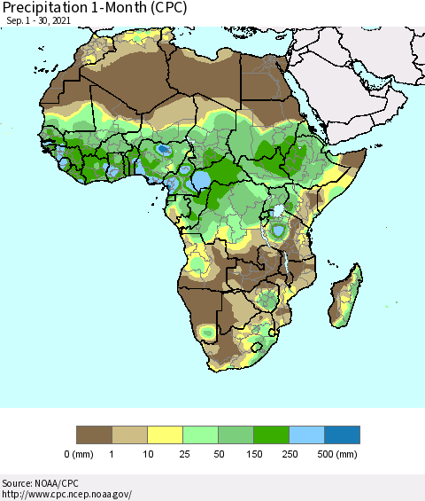 Africa Precipitation 1-Month (CPC) Thematic Map For 9/1/2021 - 9/30/2021