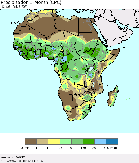 Africa Precipitation 1-Month (CPC) Thematic Map For 9/6/2021 - 10/5/2021