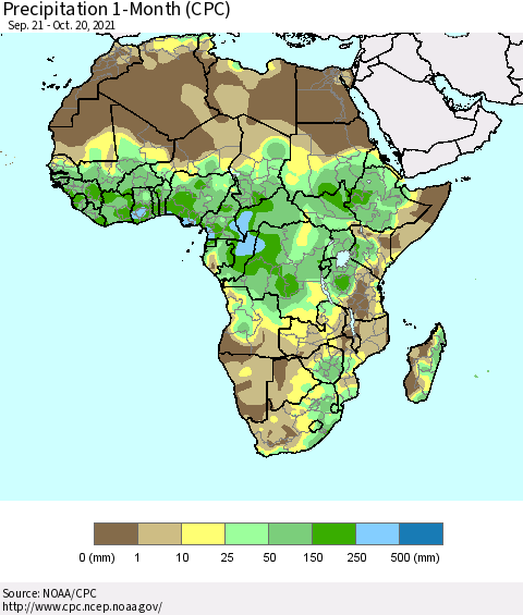 Africa Precipitation 1-Month (CPC) Thematic Map For 9/21/2021 - 10/20/2021