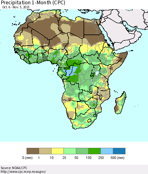 Africa Precipitation 1-Month (CPC) Thematic Map For 10/6/2021 - 11/5/2021