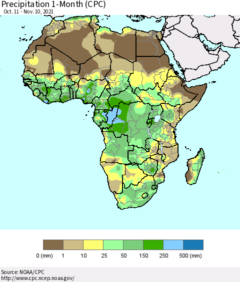 Africa Precipitation 1-Month (CPC) Thematic Map For 10/11/2021 - 11/10/2021