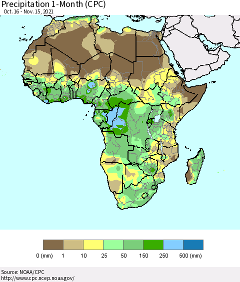 Africa Precipitation 1-Month (CPC) Thematic Map For 10/16/2021 - 11/15/2021
