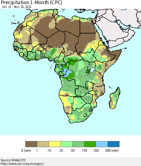 Africa Precipitation 1-Month (CPC) Thematic Map For 10/21/2021 - 11/20/2021