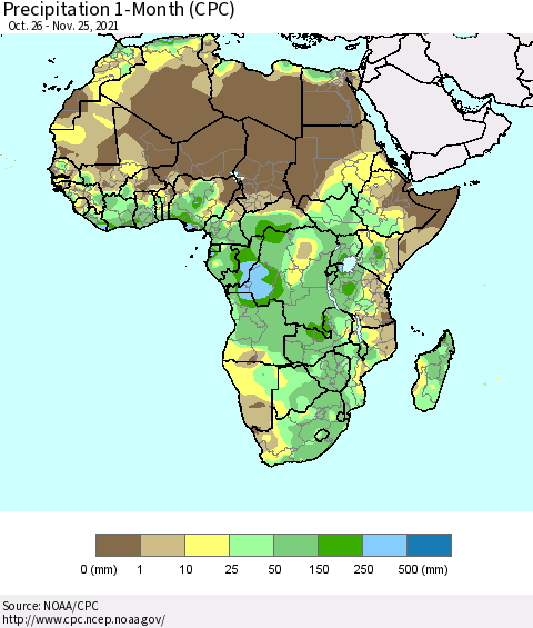 Africa Precipitation 1-Month (CPC) Thematic Map For 10/26/2021 - 11/25/2021