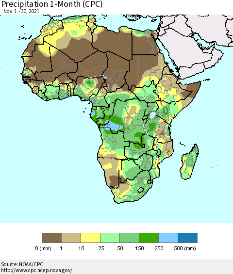 Africa Precipitation 1-Month (CPC) Thematic Map For 11/1/2021 - 11/30/2021