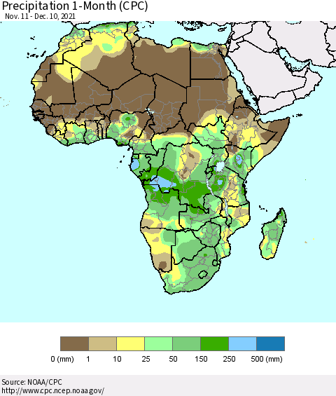 Africa Precipitation 1-Month (CPC) Thematic Map For 11/11/2021 - 12/10/2021