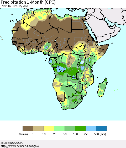 Africa Precipitation 1-Month (CPC) Thematic Map For 11/16/2021 - 12/15/2021