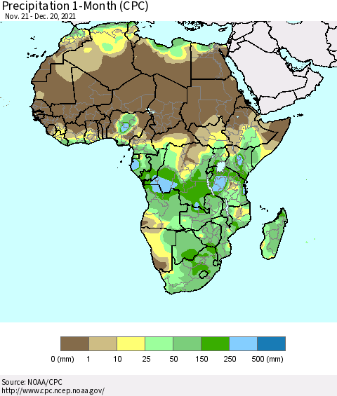 Africa Precipitation 1-Month (CPC) Thematic Map For 11/21/2021 - 12/20/2021