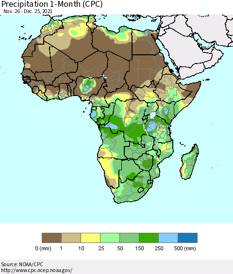 Africa Precipitation 1-Month (CPC) Thematic Map For 11/26/2021 - 12/25/2021