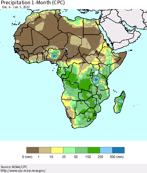 Africa Precipitation 1-Month (CPC) Thematic Map For 12/6/2021 - 1/5/2022