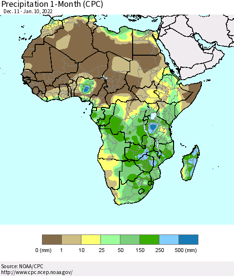 Africa Precipitation 1-Month (CPC) Thematic Map For 12/11/2021 - 1/10/2022