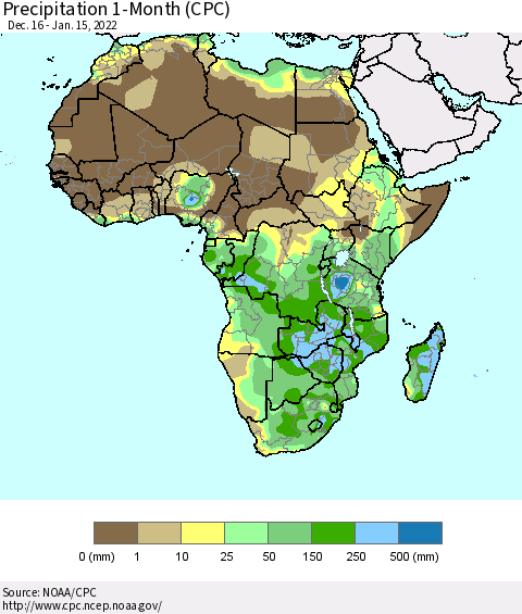 Africa Precipitation 1-Month (CPC) Thematic Map For 12/16/2021 - 1/15/2022