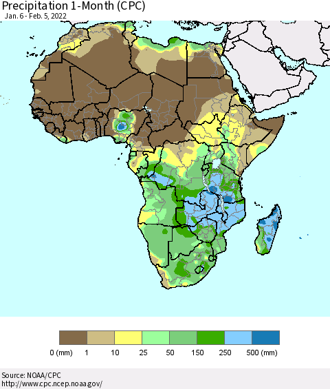 Africa Precipitation 1-Month (CPC) Thematic Map For 1/6/2022 - 2/5/2022