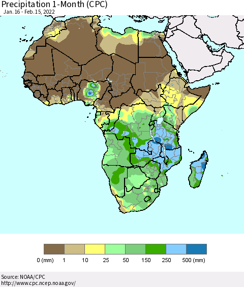 Africa Precipitation 1-Month (CPC) Thematic Map For 1/16/2022 - 2/15/2022