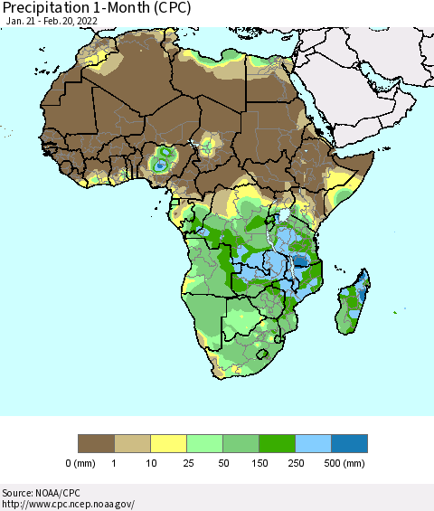 Africa Precipitation 1-Month (CPC) Thematic Map For 1/21/2022 - 2/20/2022