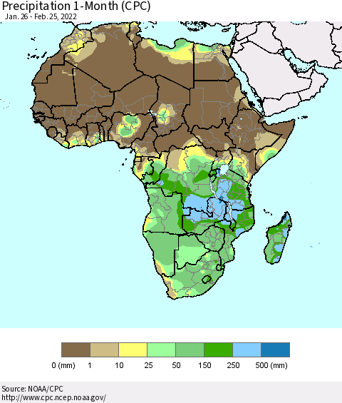 Africa Precipitation 1-Month (CPC) Thematic Map For 1/26/2022 - 2/25/2022