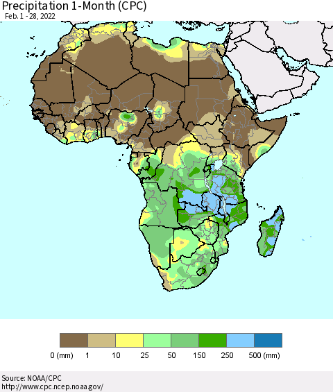 Africa Precipitation 1-Month (CPC) Thematic Map For 2/1/2022 - 2/28/2022