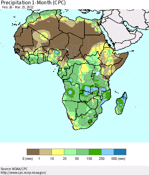 Africa Precipitation 1-Month (CPC) Thematic Map For 2/26/2022 - 3/25/2022