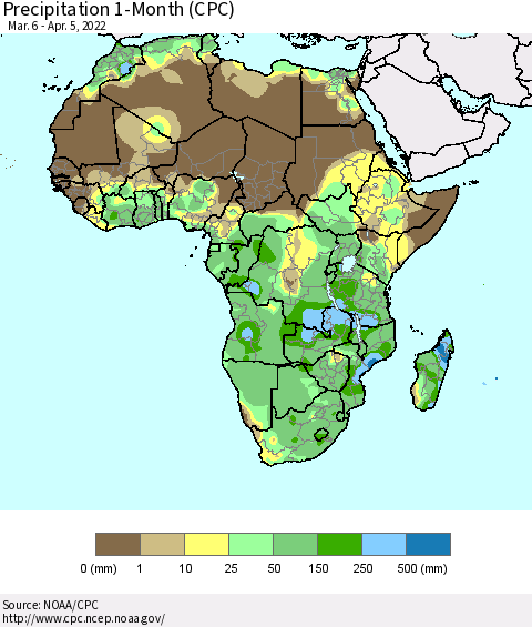 Africa Precipitation 1-Month (CPC) Thematic Map For 3/6/2022 - 4/5/2022