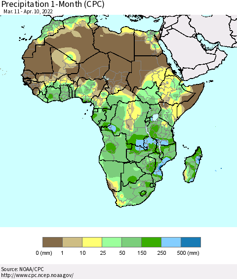 Africa Precipitation 1-Month (CPC) Thematic Map For 3/11/2022 - 4/10/2022
